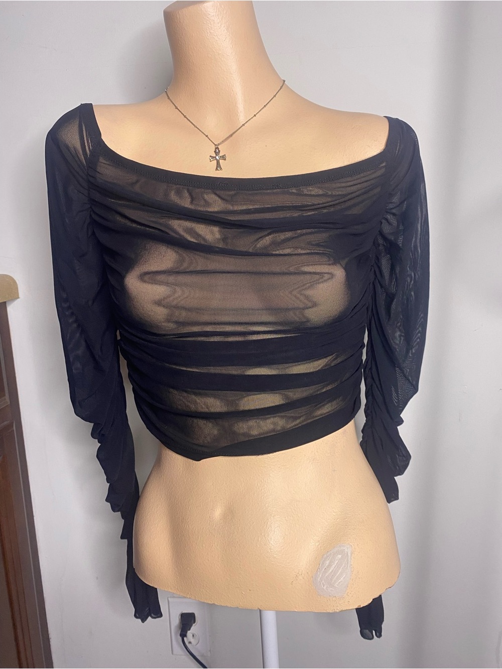 Black Sheer Ruched Long Sleeve Crop Top with Boat Neck